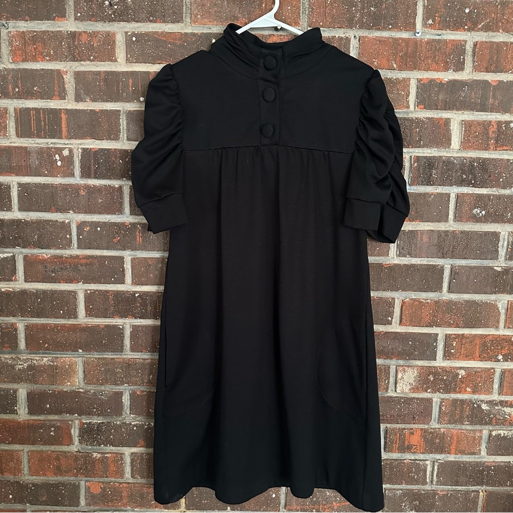Vintage Black Chris McLaughlin Dress with Ruffled Sleeves and Button Neckline